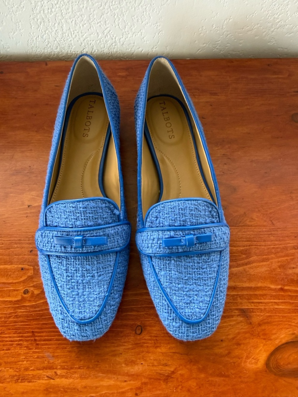 Talbots Blue Tweed Loafers with Bow Accent